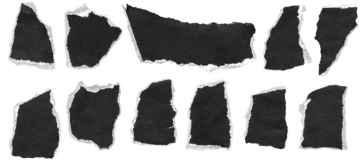 torn and ripped paper pieces frames with jagged edges from black paper with white edges in Y2K retro style, png isolated cardboard objects of various shapes