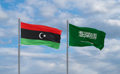 Libya and Saudi Arabia flags, country relationship concepts