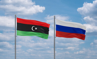 Russia and Libya flags, country relationship concept