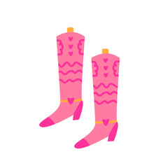 Barbiecore pink cowboy boots with hearts isolated. Pink trendy, pink doll aesthetic clothing. Vector illustration