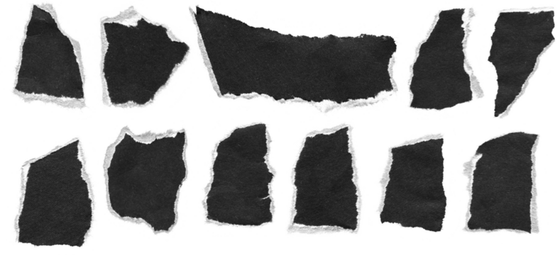 torn and ripped paper pieces frames with jagged edges from black paper with white edges in Y2K retro style, png isolated cardboard objects of various shapes