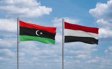 Yemen and Libya flags, country relationship concept