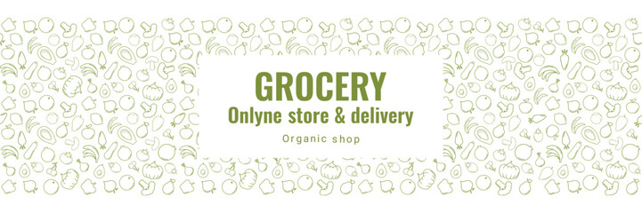 Organic Grocery shopping web banner design, Online Market, Home delivery line vector illustration Horizontal. Green and Whait