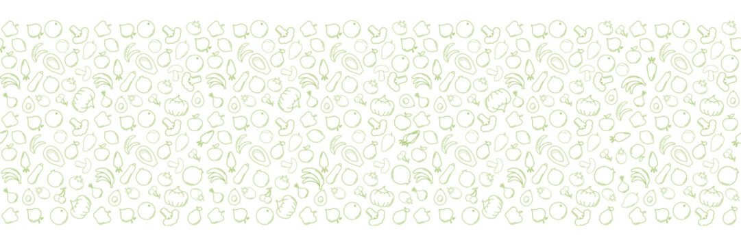 Organic Grocery shopping seamless pattern and web banner design, Online Market, Home delivery line vector illustration Horizontal. Green and Whait