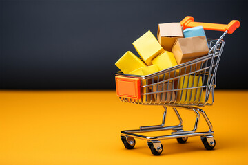 Small paper shopping bag with shopping basket on orange background