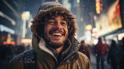 Portrait of a adult smiling man in the winter night street