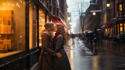 Two young lesbian women kissing in the middle of a street while snowing - obrazy, fototapety, plakaty