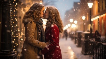 Two young lesbian women kissing in the middle of a street while snowing