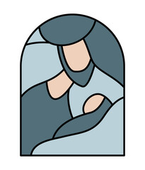 Color Christmas Vector Christian icon religious Nativity Scene of baby Jesus with Mary and Joseph. Logo illustration sketch. Doodle hand drawn isolated