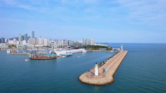 Aerial Photography of the Scenery Surrounded by the Lover's Dam Lighthouse in Qingdao, Shandong, China
