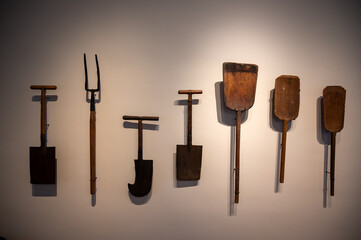 Old hand works equipment for traditional making champagne sparkling wine from chardonnay and pinor noir grapes, Epernay, Champagne, France