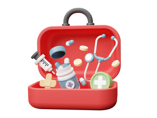 an open first aid kit containing medicines, injections, and a stethoscope