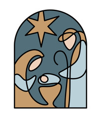 Color Christmas Vector Christian icon baby Jesus with Mary and Joseph with star. Religious Nativity Scene of Logo illustration. Doodle hand drawn isolated