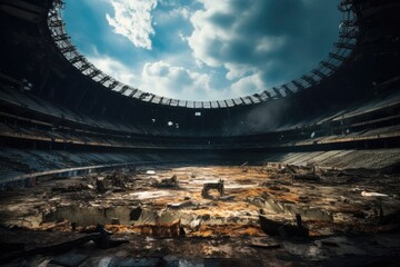 Center court of a torn down post apocalyptic football arena, Damage caused by war.