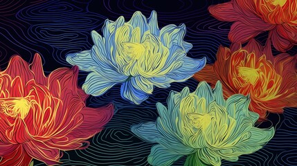 Sacred and timeless beauty of Lotus flowers with waterlily pads floating in a garden pond, colorful painting illustration, re-imagined dreamy surreal flowing swirls, out of the ordinary petal colors.