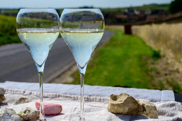 Tasting of grand cru sparkling white wine with bubbles champagne with view on old houses of Oger, small village with grand cru vineyards, France.
