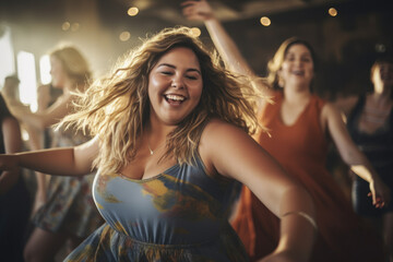 Overweight women dance in a group class. Body positivity - obrazy, fototapety, plakaty