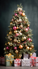 Christmas tree and gifts on a dark background. New Year concept.