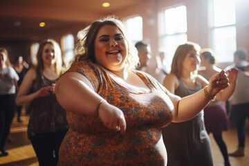 Group dancing in a fitness club for overweight women. Beautiful happy woman dancing. - obrazy, fototapety, plakaty