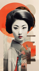 Modernist collage poster, close-up portrait of glamorous Asian woman with kimono and fan, retro atmosphere, vintage oriental woman. Black and white clipped photo, cutout of graphic element