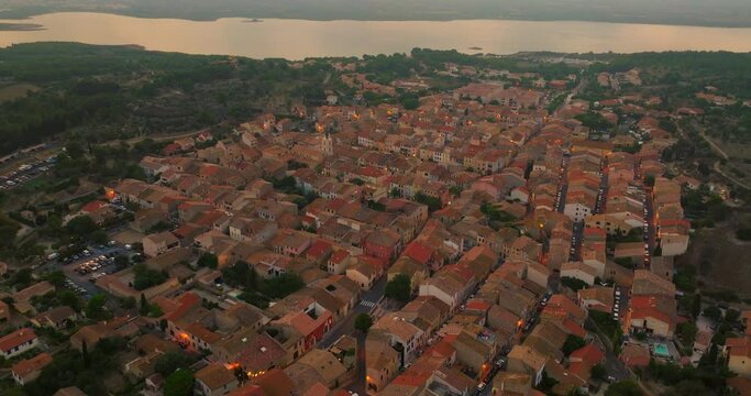 Flying a drone over the rooftops of a small tourist town in the south of France on the Mediterranean Sea of Leucate