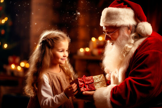 Real Santa Claus gives presents, childhood in Christmas time. AI Generated