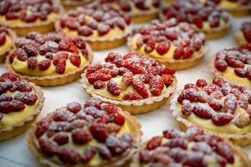 Wild fragolino strawberry and raspberry cakes in ancient city of strawberry Nemi, Castelli Romani,...