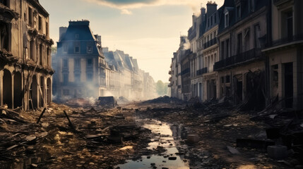 City heavily bombed, Scene after bombing, Damage caused by war.