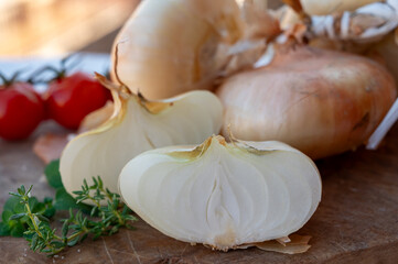 Flat sweet onions cipolla di cannara from Sicily, Italy