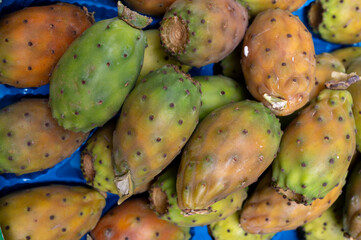 Ripe juicy edible fruits opuntia pears ready to eat