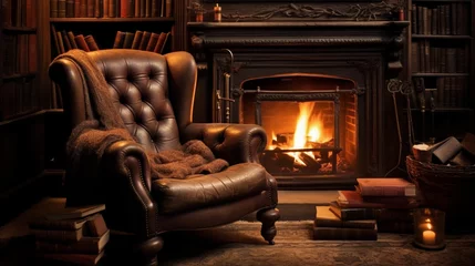 Fotobehang A worn, leather armchair by a fireplace, inviting you to curl up with a book. © Ibraheem