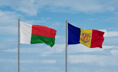 Madagascar and Andorra national flags, country relationship concept