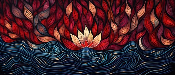 Sacred and timeless beauty of Lotus flowers with waterlily pads floating in a garden pond, colorful painting illustration, re-imagined dreamy surreal flowing swirls, out of the ordinary petal colors.