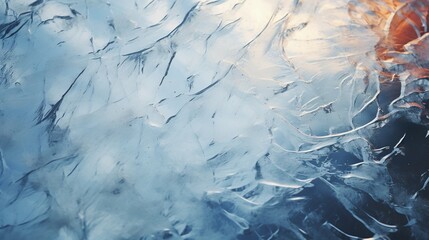 Abstract ice designs on a frozen pond's surface in winter.