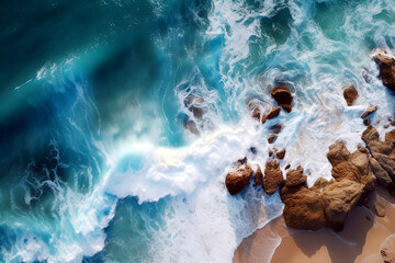 ocean waves and sand beach with rocks