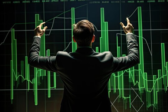 A business man in a suit stands with his back looking at a graph of a green stock that is making a profit in a happy mood.