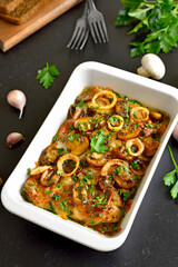 Stew chicken breast with creamy mushroom sauce