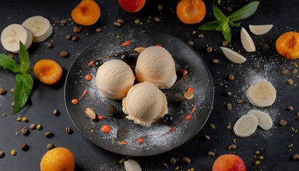 Obraz na płótnie Canvas Ice cream scoops on black background, tasty gelato, fruits | Ai generated 
