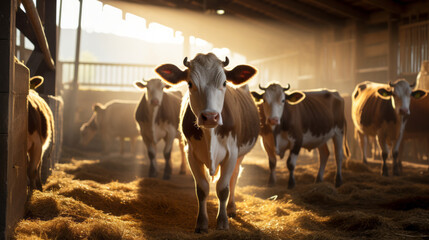 In the morning sun, cows standing inside a large village cowshed and a lot of clean hay are seen on the ground - obrazy, fototapety, plakaty