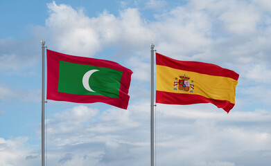 Spain and Maldives flags, country relationship concept