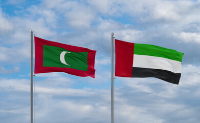 UAE and Maldives flags, country relationship concept