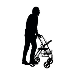 Old man with walking aid walker rollator vector silhouette.