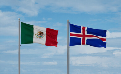 Iceland and Mexico flags, country relationship concept