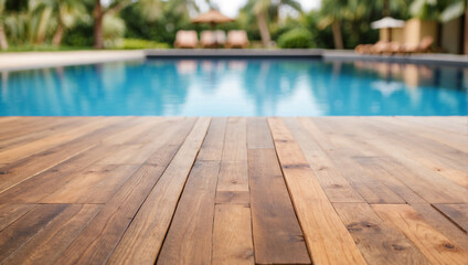 Empty wooden table in front with blurred background of swimming pool