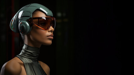 Model Frau mit schwarzen Leder und Lack Designer Kleidung und futuristischer Cyberspace Brille Porträt, ai generativ - obrazy, fototapety, plakaty