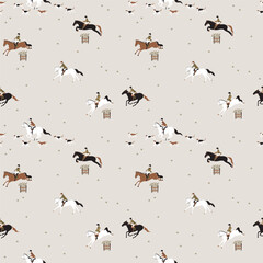 Seamless vector pattern, on the theme of hunting on horseback, riders riding and overcome obstacles accompanied by dogsSeamless vector pattern, on the theme of hunting on horseback, riders riding and 