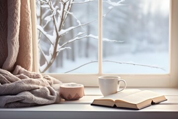 Winter cozy still life with hot coffee cup or tea, book and plaid