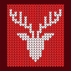 Scandinavian christmas winter knitted pattern. Head deer silhouette or reindeer. White pixel images with red background. Vector illustration