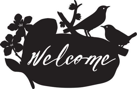 WELCOME cut out signage decorated with 2 birds perched on a tree branch for laser cutting or paper cutout
