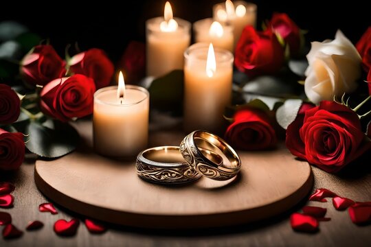 wedding rings with a background of red roses and candles on the table